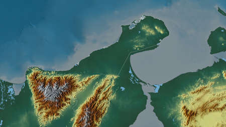 La Guajira, department of Colombia. Colored relief with lakes and rivers. Shape outlined against its country area. 3D renderingの写真素材