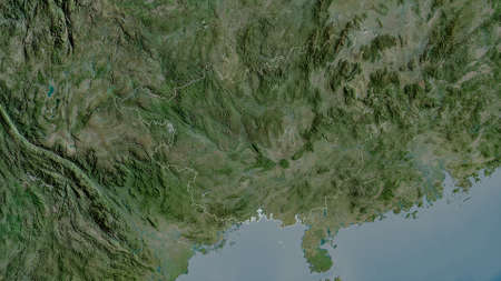 Guangxi, autonomous region of China. Satellite imagery. Shape outlined against its country area. 3D...