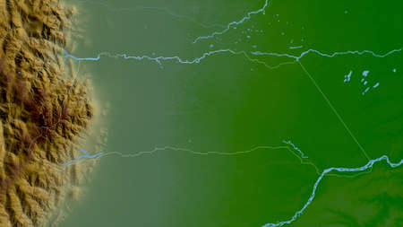 Arauca, intendancy of Colombia. Colored shader data with lakes and rivers. Shape outlined against...