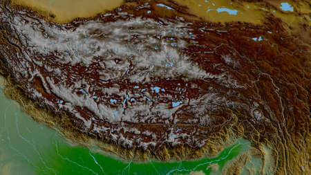 Xizang, autonomous region of China. Colored shader data with lakes and rivers. Shape outlined...