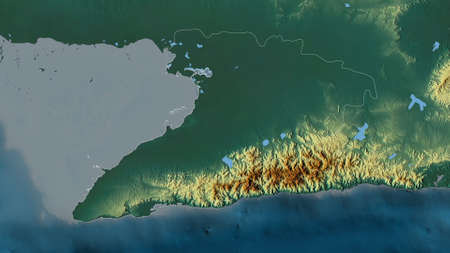 Granma, province of Cuba. Colored relief with lakes and rivers. Shape outlined against its country...