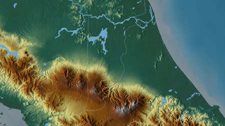 Heredia, province of Costa Rica. Colored relief with lakes and rivers. Shape outlined against its...