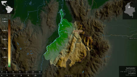 Santander, department of Colombia. Colored shader data with lakes and rivers. Shape presented...