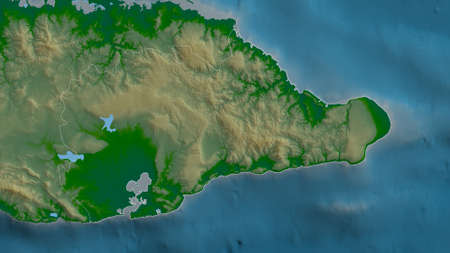 GuantÃ¡namo, province of Cuba. Colored shader data with lakes and rivers. Shape outlined against its country area. 3D renderingの写真素材