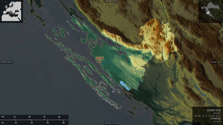 Zadarska, county of Croatia. Colored relief with lakes and rivers. Shape presented against its...