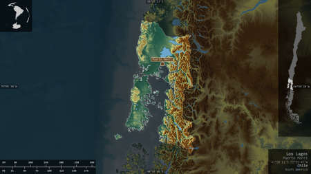 Los Lagos, region of Chile. Colored relief with lakes and rivers. Shape presented against its...