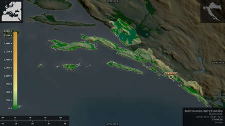 Dubrovacko-Neretvanska, county of Croatia. Colored shader data with lakes and rivers. Shape...