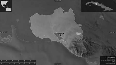 Cienfuegos, province of Cuba. Grayscaled map with lakes and rivers. Shape presented against its...