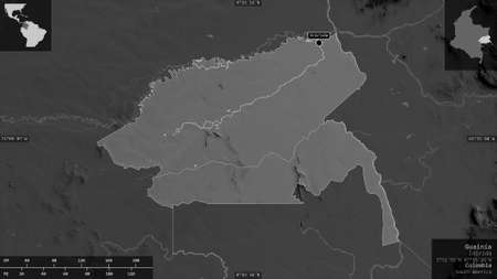 GuainÃ­a, commissiary of Colombia. Grayscaled map with lakes and rivers. Shape presented against its country area with informative overlays. 3D renderingの写真素材