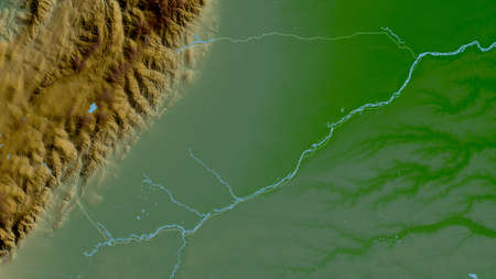 Casanare, intendancy of Colombia. Colored shader data with lakes and rivers. Shape outlined against...