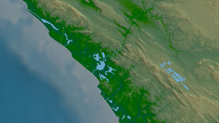 Kouilou, region of Republic of Congo. Colored shader data with lakes and rivers. Shape outlined against its country area. 3D renderingの写真素材