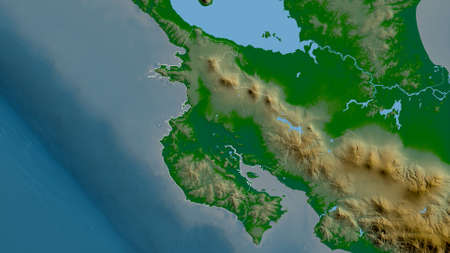 Guanacaste, province of Costa Rica. Colored shader data with lakes and rivers. Shape outlined...