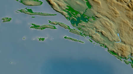 Dubrovacko-Neretvanska, county of Croatia. Colored shader data with lakes and rivers. Shape outlined against its country area. 3D renderingの写真素材