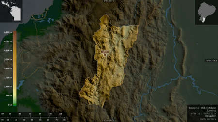Zamora Chinchipe, province of Ecuador. Colored shader data with lakes and rivers. Shape presented...