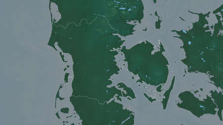 Syddanmark, region of Denmark. Colored relief with lakes and rivers. Shape outlined against its...
