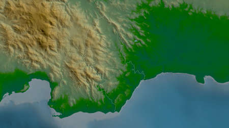 San CristÃ³bal, province of Dominican Republic. Colored shader data with lakes and rivers. Shape outlined against its country area. 3D renderingの写真素材