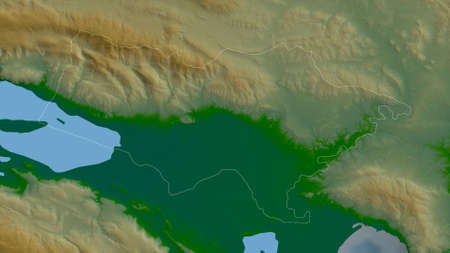 Bahoruco, province of Dominican Republic. Colored shader data with lakes and rivers. Shape outlined...