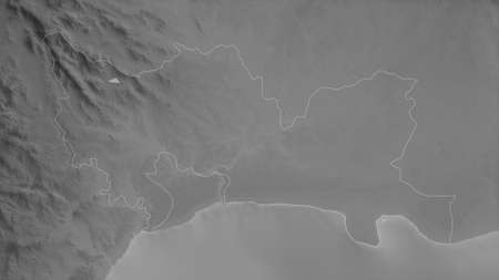 Santo Domingo, province of Dominican Republic. Grayscaled map with lakes and rivers. Shape outlined against its country area. 3D renderingの写真素材