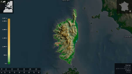 Corse, region of France. Colored shader data with lakes and rivers. Shape presented against its...