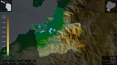 El Oro, province of Ecuador. Colored shader data with lakes and rivers. Shape presented against its...