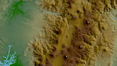 Pichincha, province of Ecuador. Colored shader data with lakes and rivers. Shape outlined against its country area. 3D renderingの写真素材