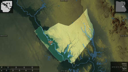 Suhaj, governorate of Egypt. Colored relief with lakes and rivers. Shape presented against its...