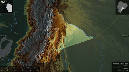 Morona Santiago, province of Ecuador. Colored relief with lakes and rivers. Shape presented against...