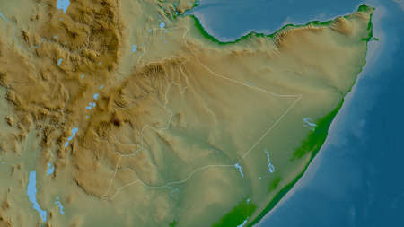 Somali, state of Ethiopia. Colored shader data with lakes and rivers. Shape outlined against its country area. 3D renderingの写真素材