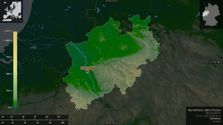 Nordrhein-Westfalen, state of Germany. Colored shader data with lakes and rivers. Shape presented...
