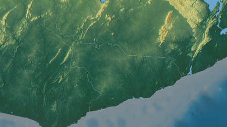 Central, region of Ghana. Colored relief with lakes and rivers. Shape outlined against its country...