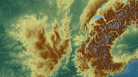Auvergne-RhÃ´ne-Alpes, region of France. Colored relief with lakes and rivers. Shape outlined...
