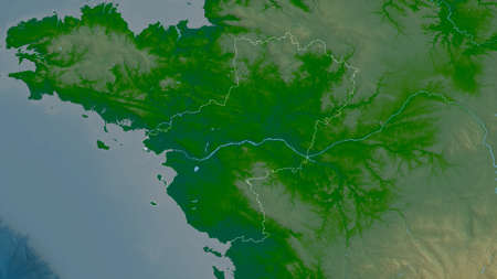 Pays de la Loire, region of France. Colored shader data with lakes and rivers. Shape outlined...