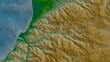 Ajaria, autonomous republic of Georgia. Colored shader data with lakes and rivers. Shape outlined against its country area. 3D renderingの写真素材