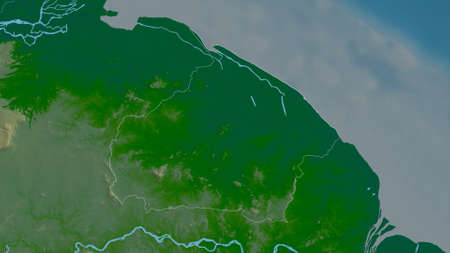 Barima-Waini, region of Guyana. Colored shader data with lakes and rivers. Shape outlined against...