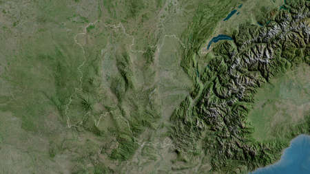 Auvergne-RhÃ´ne-Alpes, region of France. Satellite imagery. Shape outlined against its country...