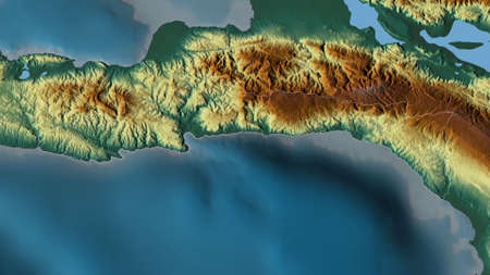 Sud-Est, department of Haiti. Colored relief with lakes and rivers. Shape outlined against its...