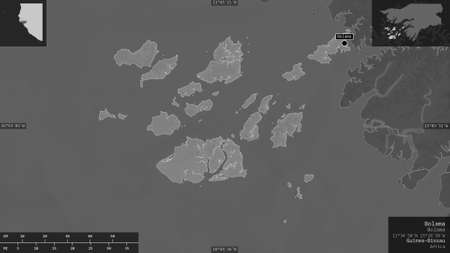 Bolama, region of Guinea-Bissau. Grayscaled map with lakes and rivers. Shape presented against its country area with informative overlays. 3D renderingの写真素材