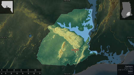 Eastern, region of Ghana. Colored relief with lakes and rivers. Shape presented against its country...