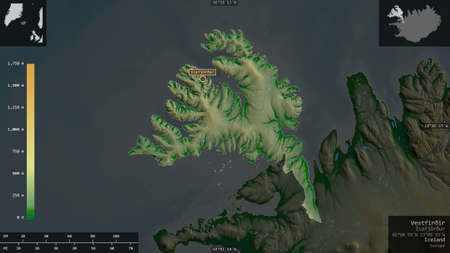 VestfirÃ°ir, region of Iceland. Colored shader data with lakes and rivers. Shape presented against...