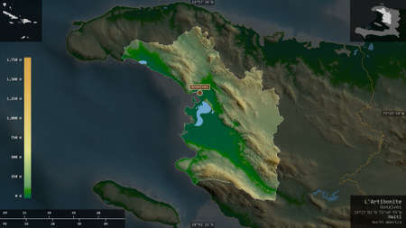 L'Artibonite, department of Haiti. Colored shader data with lakes and rivers. Shape presented...