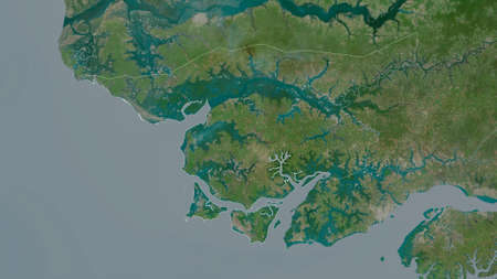 Cacheu, region of Guinea-Bissau. Satellite imagery. Shape outlined against its country area. 3D...