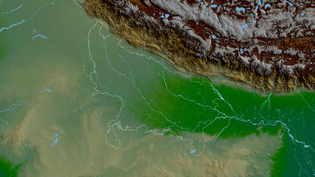 Uttar Pradesh, state of India. Colored shader data with lakes and rivers. Shape outlined against its country area. 3D renderingの写真素材