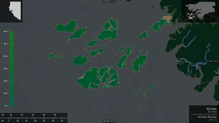 Bolama, region of Guinea-Bissau. Colored shader data with lakes and rivers. Shape presented against...