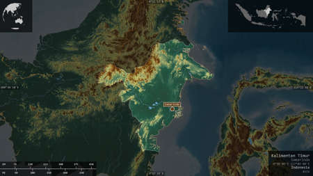 Kalimantan Timur, province of Indonesia. Colored relief with lakes and rivers. Shape presented...