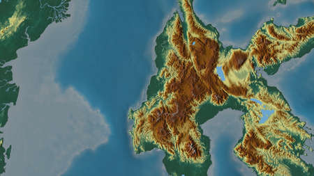 West Sulawesi, province of Indonesia. Colored relief with lakes and rivers. Shape outlined against...