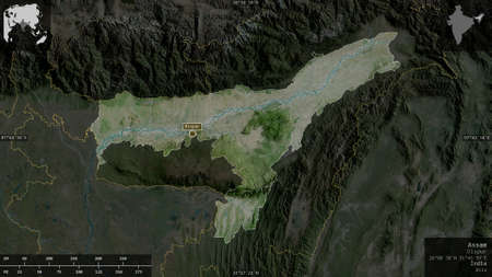 Assam, state of India. Satellite imagery. Shape presented against its country area with informative...