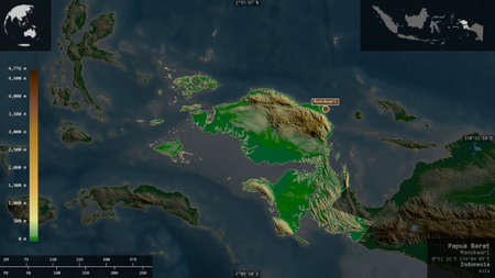 West Papua, province of Indonesia. Colored shader data with lakes and rivers. Shape presented...