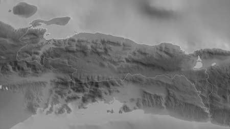 Nippes, department of Haiti. Grayscaled map with lakes and rivers. Shape outlined against its country area. 3D renderingの写真素材