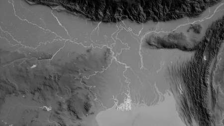 West Bengal, state of India. Grayscaled map with lakes and rivers. Shape outlined against its...