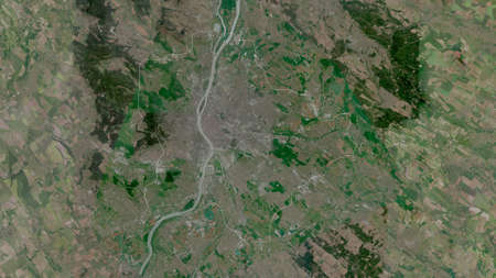 Budapest, capital city of Hungary. Satellite imagery. Shape outlined against its country area. 3D renderingの写真素材